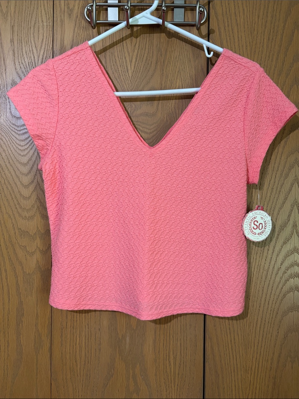 SO Coral Pink Textured V-Neck Short Sleeve Top XL